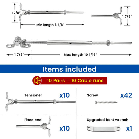 6 Pairs Of 1/8 Inch Cable Railing Hardware Kit Swage Toggle Turnbuckle For Wood Posts, T316 Stainless Steel Deck Cable Railing System, 180 Degree Adjustable Stairs, 12 Pack CK07, includes turnbuckles, screws, and wrench display