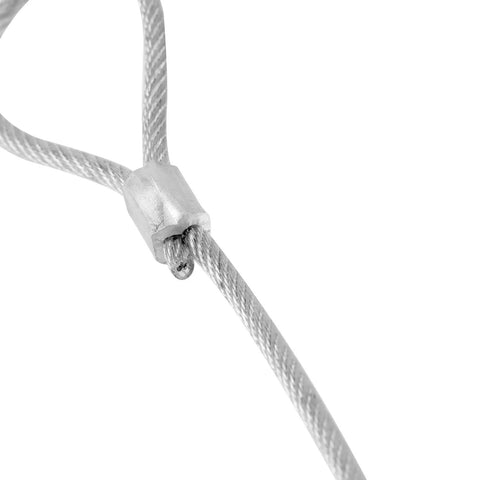 Close-up of Beefy Heavy Duty 31.5 Inch Stainless Steel Stage Light Safety Cables with clip, 110 lb load capacity, security rope
