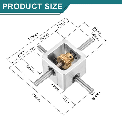90 Degree Right Angle Worm Gearbox With 1 To 20 Reduction, 1 Module 20 Teeth, 8mm Shaft, Aluminum Frame DIY Gearbox Kit with dimensions