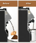 No Sweat Coffee Grinder Chute And Spout Funnel Duo For Standard Espresso Bean Routing shows before and after clean pours.