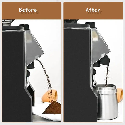 No Sweat Coffee Grinder Chute And Spout Funnel Duo For Standard Espresso Bean Routing shows before and after clean pours.
