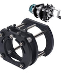 Top Tier Aluminum Router Lift With Four Jaw Clamp And Slick Crank Adjustments For Woodworking Station showing secure clamp and crank mechanism.