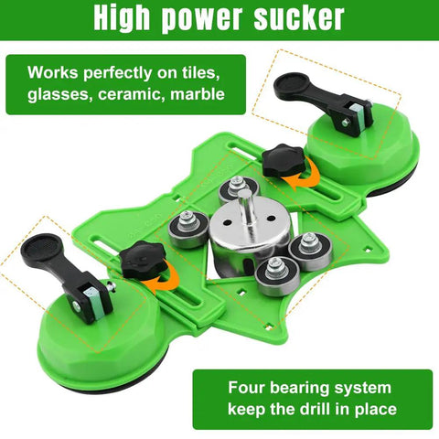 Adjustable Diamond Hole Saw Set With Double Suction Cup Guide Jig showing high power suction system with dual cups for tile and glass.