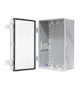 Outdoor Electrical Box ABS Plastic Weatherproof Junction Box With Hinged Cover And Stainless Steel Latch Mounting Plate Wall Bracket IP66 IP67 Rated Dustproof Rainproof Worksite Ready Power Gear open front view