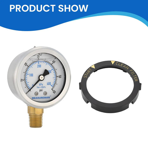 Go-To Stainless Steel Pool Filter Pressure Gauge 0-60 PSI Waterproof With Clean Filter Indicator, 1/4 In NPT Lower Mount for Spa Use