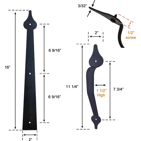 Dimensions and details of Decorative Carriage House Style Garage Door Hardware Kit pieces showing screw-mounted matte black steel hinges and handles.