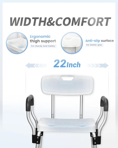 Heavy Duty Shower Chair With Back And Arms, Aluminum Frame, Adjustable Height, 22 Inch Seat Width, Safe Bathtub Seat
