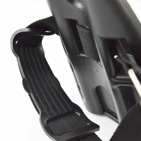 Close-up of black shoulder strap and buckle on Oxygen Tank Backpack For Scuba Diving 14.2 Inch Mini Gas Cylinder Carrier.