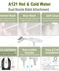 Image of a Hot And Cold Water Bidet Attachment For Toilet Seat With Dual Nozzle And Rear And Feminine Wash Self Cleaning And Adjustable Water Pressure Non Electric Easy Install No Fuss shown with features like retractable nozzles and easy installation.