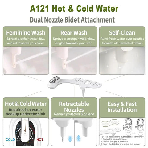 Image of a Hot And Cold Water Bidet Attachment For Toilet Seat With Dual Nozzle And Rear And Feminine Wash Self Cleaning And Adjustable Water Pressure Non Electric Easy Install No Fuss shown with features like retractable nozzles and easy installation.