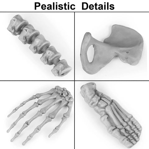 Life Size Skeleton Bones 35 Piece Halloween Decor Set close-ups of spine, pelvis, hand, and foot bones; plastic skeleton props