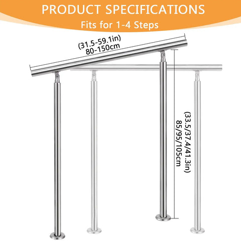 Built Tough Stainless Steel Floor Mounted Outdoor Stair Handrail With Real Deal Grip Adjustable Height dimensions for 1-4 steps