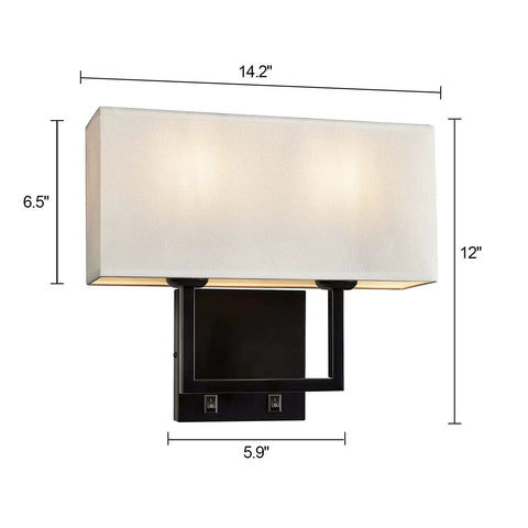 2 Light Wall Sconce With Switch, Modern Transitional Double Wall Mount Lamp With Square White Fabric Shade, Bedside Reading Light