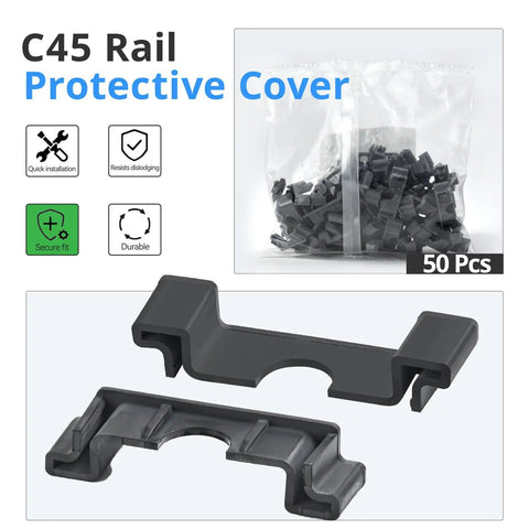 Easy Snap DIN Rail Protective Cover For 35mm Wide Standard Rails, RoHS Certified PA66 Nylon Guard, 50 PCs Set, packaging view.