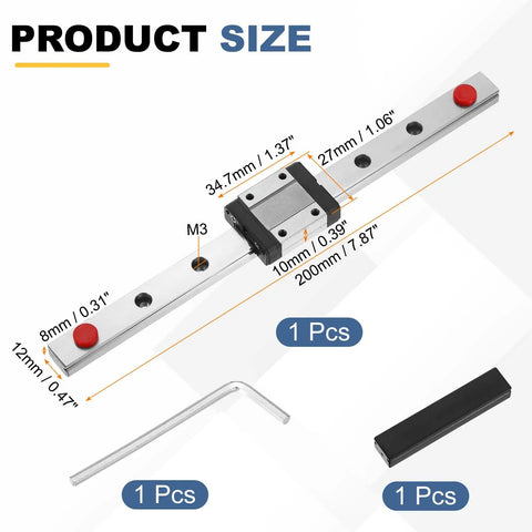 Top Notch Uxcell MGN12C 200mm Linear Sliding Rail Guide dimensions with carriage block and mini hex wrench included.