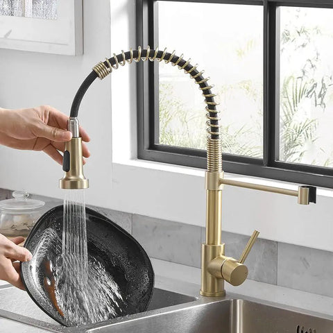 Gold 304 Stainless Steel Kitchen Faucet With Pull Down Sprayer Industrial Single Handle One Hole Mount Built To Last For Farmhouse RV Camper Laundry And Wet Bar Sinks With Brushed Gold Finish 9009K