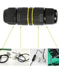Outdoor IP68 Waterproof Junction Box Cable Connector 2 Way 3 Pin M16 Plug For 3.5-10mm Wires showing connector and applications