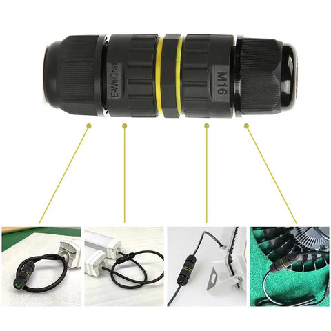 Outdoor IP68 Waterproof Junction Box Cable Connector 2 Way 3 Pin M16 Plug For 3.5-10mm Wires showing connector and applications