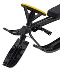 Front view of Go Kart Style Snow Sled with yellow steering wheel, dual foot brakes, and PE skis for snow and sand sliding.