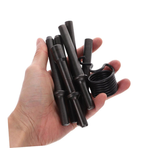 Hand holding components of Heavy Duty Pneumatic Rivet Tool Kit With Air Chisel For Drilling And Riveting Pin Punch And Metalworking