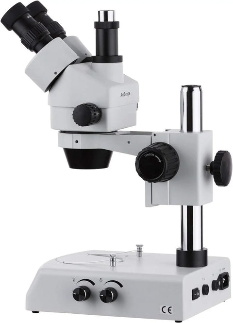 SM-2TZ Pro Grade Trinocular Stereo Zoom Microscope With WH10x Eyepieces, 3.5X To 90X Magnification, 0.7X To 4.5X Zoom Objective, Upper And Lower Halogen Lighting, Pillar Stand, 110 120V, Includes 0.5X 2.0X Barlow Lenses For Circuit Boards And Dental, pillar stand view