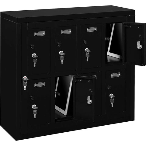 Heavy Duty Two Tier Eight Door Tablet Cell Phone Locker Featuring Rock Solid Keyed Compartments And Built In Hasps for convenient device storage.