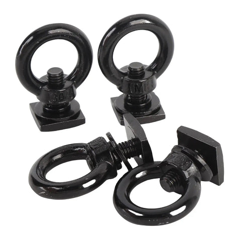 Hella Tough Stainless Steel T Track Mount Tie Down Anchors With M8 Heavy Duty T Slot Locking Rings shown from above.