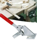 Hardcore Side Mounted Vertical Toggle Clamp Set With A Slick Quick Release Lever And Cushioned Rubber Tips For Tight Hold Downs On Any Daily Shop Grind Or Weekend Projects, showing red handle and silver steel construction.