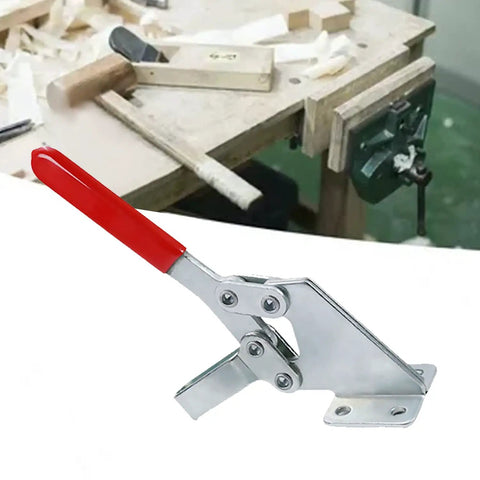 Hardcore Side Mounted Vertical Toggle Clamp Set With A Slick Quick Release Lever And Cushioned Rubber Tips For Tight Hold Downs On Any Daily Shop Grind Or Weekend Projects, showing red handle and silver steel construction.