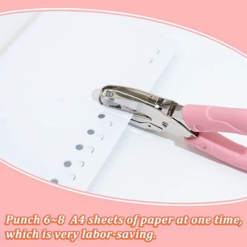Five Piece Handheld Paper Punch Set With Plastic Handle, Metal Tag Punches for DIY Craft Tags demonstrating use on A4 paper