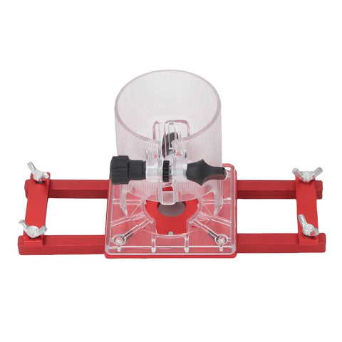 Aluminum Alloy 2 In 1 Palm Router Base for Easy DIY Woodworking Cabinets and Closets with red bracket and clear center.