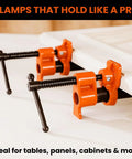 Four Pack Half Inch Pipe Clamps For Woodworking With Beefy Cast Iron Body And High Torque Lead Screw in use on wood panels