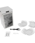 Heavy Duty Electric Food Dehydrator With 18 Spacious Stainless Steel Trays And Precision Adjustable Thermostat, includes trays and cord.