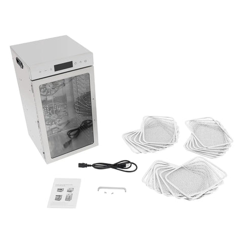Heavy Duty Electric Food Dehydrator With 18 Spacious Stainless Steel Trays And Precision Adjustable Thermostat, includes trays and cord.