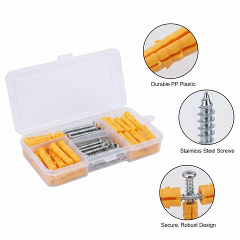 Drywall Anchors And Screws Kit With PP Plastic Wall Plugs And Stainless Steel Screws in open case for hollow and solid walls