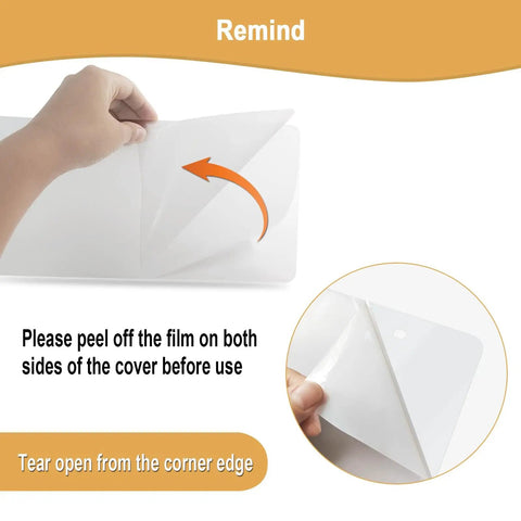 Hand peeling protective film from clear shield of Stainless Steel License Plate Frame And Cover Kit With Clear Flat Shield For Front And Rear Tough As Nails Protection Chrome Screw Caps Included 2 Sets Sleek Durable Tag Holder For Cars