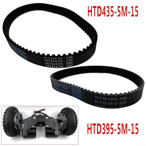 Close-up of Durable 15mm HTD5M Timing Belt for Electric Skateboard Conversions Replacement Drive Belt For Faster Smoother Rides Built To Last Rubber Construction TopNotch Performance And Reliability HTD5M43515 on white background, with an electric skateboard drive system in the inset image.