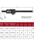 Inner Caliper 8-150/13-200/15-300mm Digital Vernier Gauge(13-200mm) with measurement chart and specifications