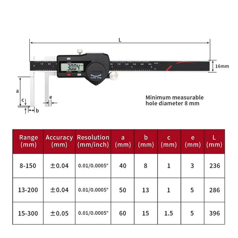 Inner Caliper 8-150/13-200/15-300mm Digital Vernier Gauge(8-150mm) displayed with measurement details and specifications.
