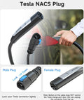 Tesla EV Charger Extension Cable 32A 21Feet NACS in use with Model Y X 3 S, showing male and female plug details.
