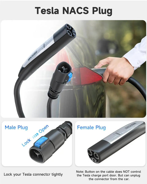Tesla EV Charger Extension Cable 32A 21Feet NACS in use with Model Y X 3 S, showing male and female plug details.