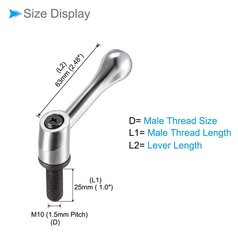Top Shelf M10 X 25Mm Clamping Lever Handles Deliver Real Kickin Quick Release Lock Knobs With Snug Hex Socket Fit For Serious Lathe Work Classic Silver Tone 2 Piece Pack showing size dimensions and specifications.