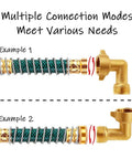 Brass 3/4 Inch GHT 90 Degree Elbow Garden Hose Connector Kit With Male And Female Adapters, Rust-Resistant, Leak-Proof, No Fuss, Includes 5.5 Inch Coil Spring Connector, Rubber Washer, Stainless Steel Spiral Ring For Quick, Easy Watering, hose elbow connection examples