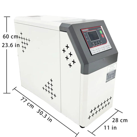 Industrial Oil Temperature Control Unit 12KW 220V 3-Phase With 56 Liters Per Minute Pump Flow, Fast Heating 68-356 F, 20-180 C For Injection Molding, Reactors, Die Casting, And Plastic Processing, Stainless Steel Heating Barrel, 60 cm x 77 cm x 28 cm unit
