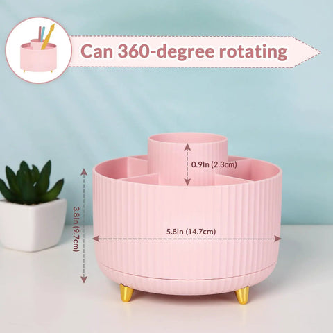 Pink 360 Degree Rotating Multipurpose Desk Organizer With 5 Slots Pen Holder For Art Supplies, shown with measurement details.