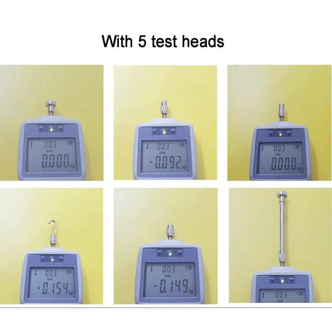 Push And Pull Force Gauge With Real Time Peak And Auto Peak Modes Digital Force Meter Supporting N Kg And Lb Units LCD Display For Tension And Compression Testing 1000N Capacity Easy Unit Conversion Handheld Precision, with 5 test heads