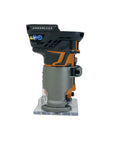 Cordless Brushless OCTANE Fixed Base Router 18 Volt Power Tool with One Quarter Inch Bit, shown in vertical view