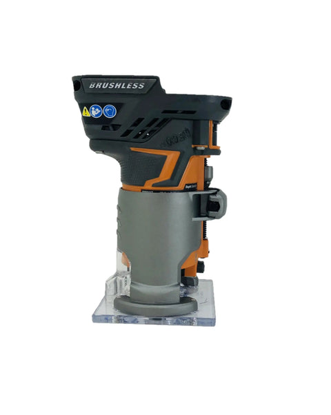 Cordless Brushless OCTANE Fixed Base Router 18 Volt Power Tool with One Quarter Inch Bit, shown in vertical view