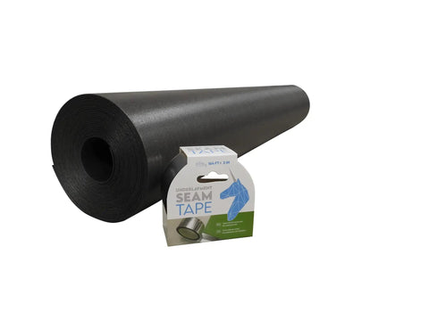 Slick Dark Gray Underlayment Covers 100 Square Feet with closed cell cushion and seam tape for sound absorption.