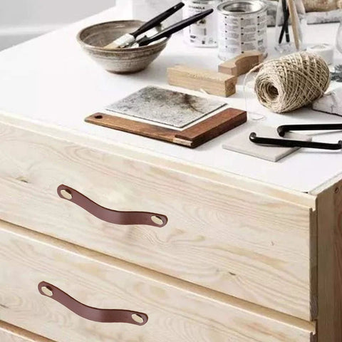 4 Pack Soft Genuine Leather Drawer Pulls Handles For Cabinets Wardrobes And Kitchen Closets 5.6 Inch Brown installed on drawers